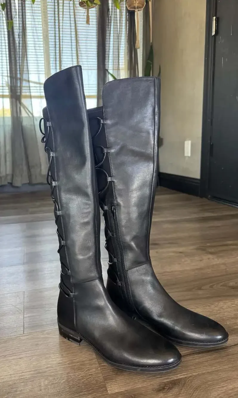Vince Camuto Parle Black Leather Stretch Knee Boot